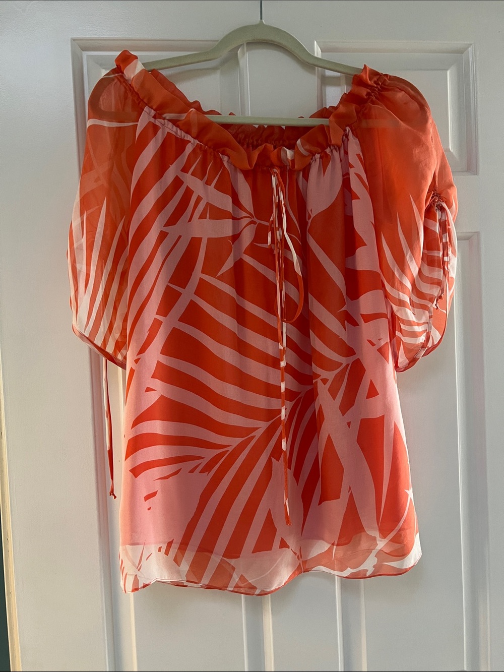 Milly Coral and Pink Palm-Print Off-Shoulder Blouse
